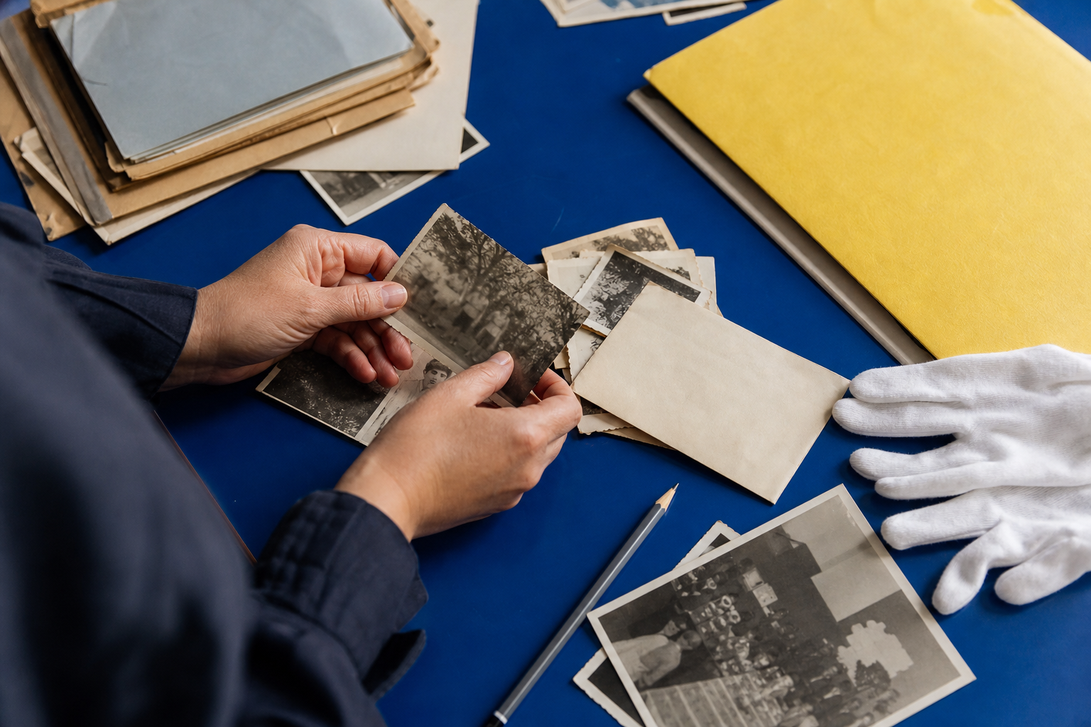 Handen sorteren oude familiefoto’s naast een gele archiefmap en witte handschoenen op een blauwe tafel