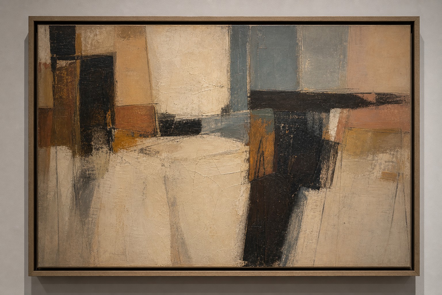Detail van een abstract schilderij met zichtbare penseelstreken, glansverschil en kleine craquelé in zacht museumlicht