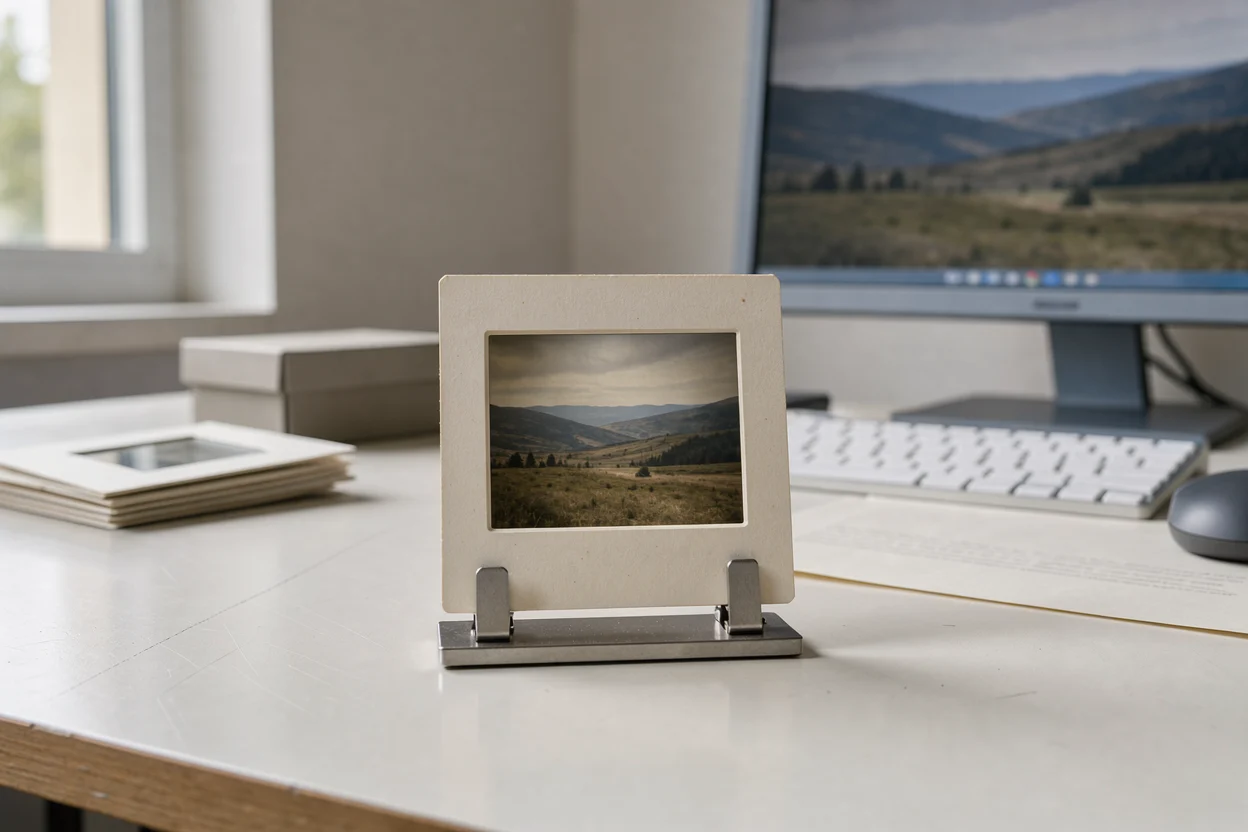 een ingeraamde dia op een neutrale tafel naast een computer met een generiek landschapbeeld, als illustratie van een fysieke drager en een digitaal bestand zonder een echte scanvergelijking te claimen.